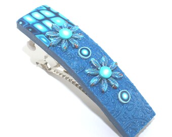 Hair jewelry barrette, Polymer clay barrette, blue elegant barrette, turquoise unique barrette, dark blue and white