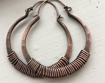 Copper Hoop Earrings Wire Wrap Hoops Copper Hoops Big Earrings Rustic Jewelry DanielleRoseBean Large Hoop Earrings Large Hoops