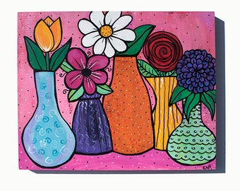 Flower Still Life Painting - Flowers in Vases - Original Mixed Media Floral Painting by Claudine Intner - Bright Colors Art