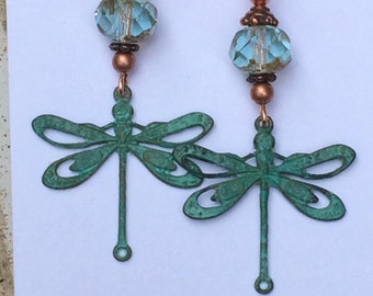 Dragonfly jewelry-dragonfly earrings-insect jewelry-lightweight earrings-patina dragonfly