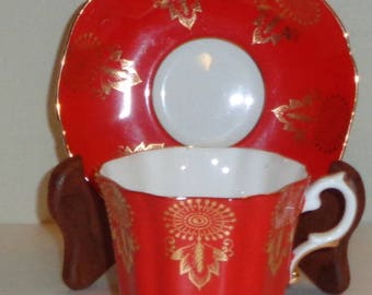 Royal Grafton Red and Gold Cup and Saucer Bone China Made in England