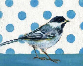 Bird Wall Art, Chickadee, Polka Dot Chickadee, Small Bird Painting, Bird Art Print, Bird Painting, Blue Kitchen, Blue Nursery