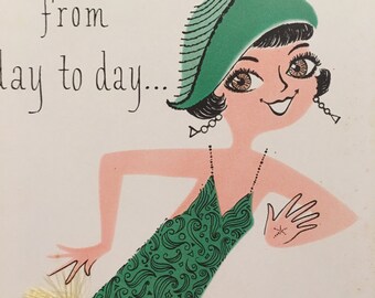 Vintage Birthday Card Women Roaring 20s Charlston Unused NOS