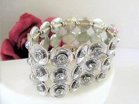 Clear Rhinestone Bracelet, Wide Stretch, Rhinestone Covered, Stretch Band