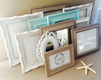 Custom Taupe and Blue Gallery Wall Frame Set; Hand-Painted and Distressed Frame Set; Shabby Chic Frames
