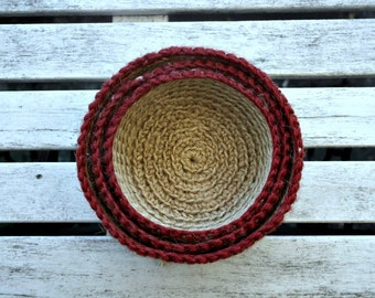 Nesting/Stacking Bowls, Crocheted Jute Stacking Bowls, Crochet Storage Baskets, Natural Jute Basket, Jute Twine Bowls Burgundy rim