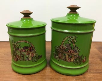 Vintage Kromex Canisters - 1970's Olive Green Canisters - Kitchen Storage Tins (2)