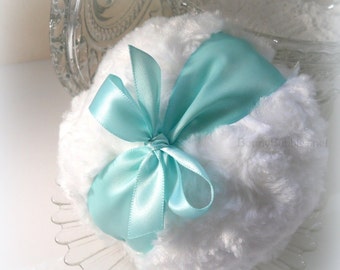 AQUA Powder Puff - satin robin egg blue - turquoise and white pouf, gift box option - by Bonny Bubbles
