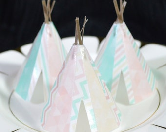 Edible Teepee's 3D x 5 Boho Mint Cream Pink Tipi Wafer Paper Bohemian Wedding Cake Decorations Wild One Rustic Birthday Cupcake Toppers