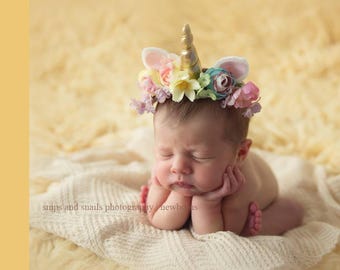 Althea - newborn infant unicorn horn pastel rainbow flower crown floral headband prop
