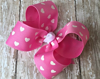 Pink Heart Hair Bow Valentine Large Hair Bow 4" Alligator Clip Girls Hairbow Pink Heart Hair Bow Pink Large Bow 4 Inch Pink Hair Bow