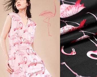 108CM Wide 19MM Flamingos Print Pink Black Strech Silk Satin Fabric for Elegant Women's Blouse Dress Clothing Cheongsam E337