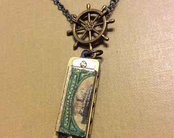 Miniature Harmonica Necklace with Authentic 1901 US Postage Stamps