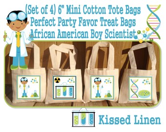 African American Science Party Scientist Birthday Party Treat Favor Gift Bags Mini Cotton Totes Children Kids Girls Boys - Sets of 4 or 8