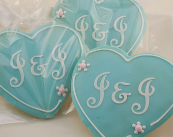 Monogrammed Heart Cookies, Wedding Cookies, Anniversary - 40 Decorated Sugar Cookie Favors