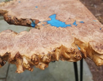 live edge resin river end table, IN STOCK, burl wood, pair, live edge wood, resin river, live edge wood and resin, resin river, maple