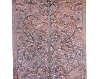 Handmade Vintage Carved Wood Kalpavriksha Door Panel Tree Of Life Wall Hanging Eclectic Interior Design Sale