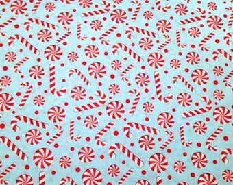 Peppermint Candies on Blue Lightweight Cotton Christmas Fabric by the yard