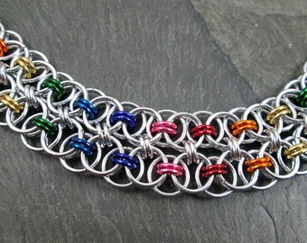 Chainmaille Bracelet - Rainbow Chainmaille - Double Row Helm Weave - Rainbow Bracelet - Pride Jewelry - Chainmail Jewelry