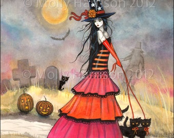 A Halloween Stroll Original Witch Cat Halloween Archival Giclee Print 5 x 7