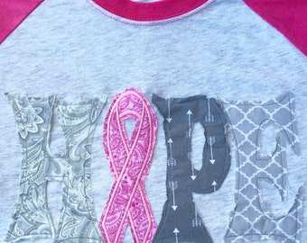 Breast Cancer Awareness Hope Raggy Letters Raglan Tee Neon Pink Baseball