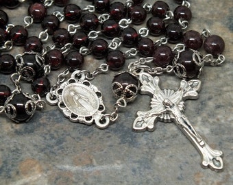 Gemstone Rosary of Garnets, 5 Decade Rosary, Catholic Rosary, Miraculous Medal, January Rosary, Birthstone Rosary