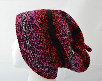 Hand Knit Slouchy Hat, Slouchy Beanie, Pink Red and Black Hat, Sized Gender Neutral