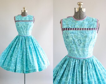 Vintage 1950s Dress / 50s Cotton Dress /Turquoise Floral Dress w/ Lavender Cut Out Yoke XS