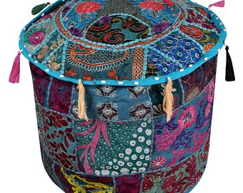 22" Floral Embroidered Patchwork Round Ottoman Pouf Cover Ethnic Footstool Cover Throw Vintage Bean Bag