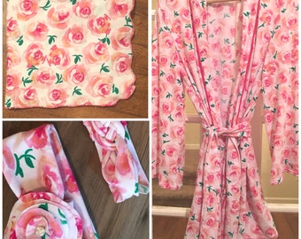 Newborn Girl Swaddle with Headbands & Mom’s Matching Knee Length Wrap Robe