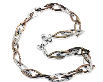 Marquise, Chunky Silver Necklace, Bronze Chain Necklace, Mixed Metal Jewelry,Stylish Patina,Hammered Metal Necklace,Unique Statement Jewelry