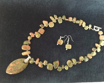 Necklace Set: Necklace and Earring Set. Unakite Gemstone Jewelry. Unakite Earrings. Unakite Set. Unakite Necklace and Earring Set.