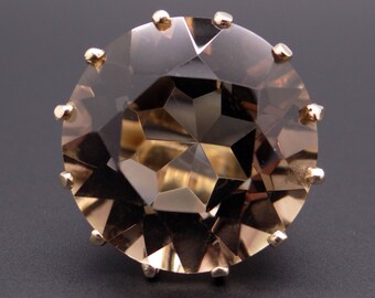 Retro Huge 14k Yellow Gold 40ct Round Smokey Topaz Solitaire Flower Ring Size 6