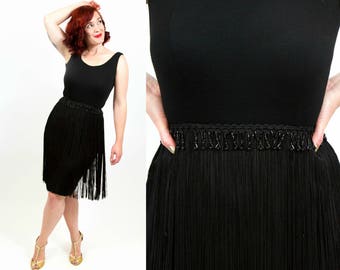 1960s Inky Black Beaded Wool Fringe Dress - Small