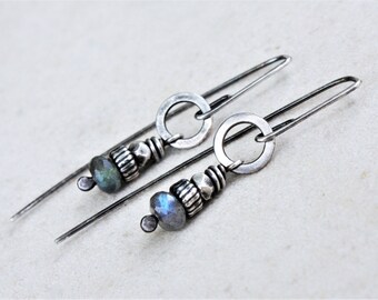 Sterling silver labradorite drop earrings, labradorite earrings, oxidized silver earrings