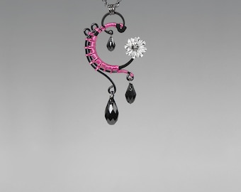 Swarovski Crystal Necklace, Crystal Pendant, Statement Necklace, Hot Pink Wire Wrapping, Space Jewelry, Industrial Jewelry, Adrastea v8