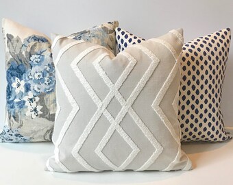 Light taupe gray embroidered geometric trellis decorative pillow cover