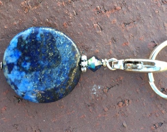 Pet Pendant/Keychain-Healing Lapis Lazuli gemstone/Swarovski Montana blue crystal