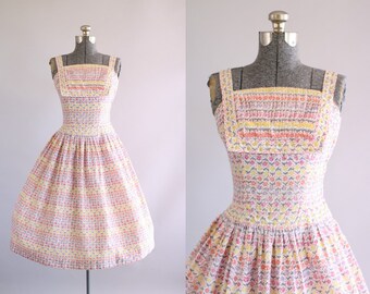 Vintage 1950s Dress / 50s Cotton Dress / Junior House Milwaukee Pink Floral Dress w/ Prong Set Rhinestones S/M