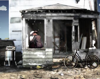 Art print - collage artwork w/ black mat - whimsical fine art - mix media - photography - love art - couple art - abandoned - bicycle art