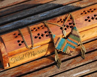 Chevron macrame necklace American indian,bohemian,boho, ethnic,hippie,tribal, gypsy, micro macrame, festival jewelry chains,metal feathers,