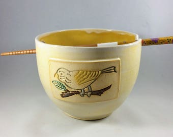 Ceramic Noodle Bowl with Wren in Marigold and Cream, with Chopsticks, Ready to Ship