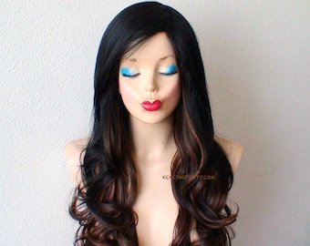 Black/Brown/Auburn Ombre wig. Long curly hair wig. Heat resistant synthetic wig for daytime use or Cosplay.