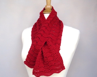 Bright Red Keyhole Scarf, Cashmere Blend, Pull Through, Neck Warmer, Bow Scarf, Hand Knit, Merino Wool