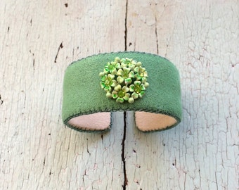 Green Adjustable Cuff Bracelet with Rhinestones