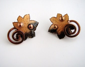 Vintage Matisse Enamel Copper Leaf earrings 1950s-60s