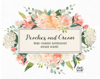 Flower Watercolor Clipart, Hand Painted Graphics - Peaches and cream. Digital graphic download with leaves, roses, peonies and hydrangeas.