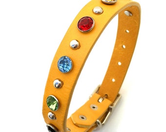 Yellow Leather Dog Collar with Giant Jewel Tone Crystals and Silver Studs, Size S, to fit a 10-13in Neck, Small Dog, EcoFriendly, OOAK