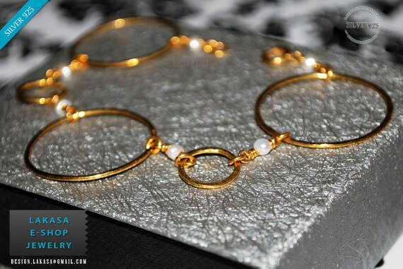 Handmade Chain Circles Bracelet Sterling Silver 925 Gold plated with Freshwater Pearls Best Gift Ideas for her Anniversary Valentine Woman