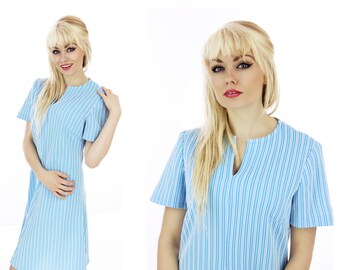 60s Blue White Striped Dress Sixties Mod Vintage Cute A-line 1960s 70s 1970s Small S Medium M